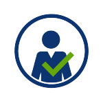 blue circular icon with blue person and green checkmark